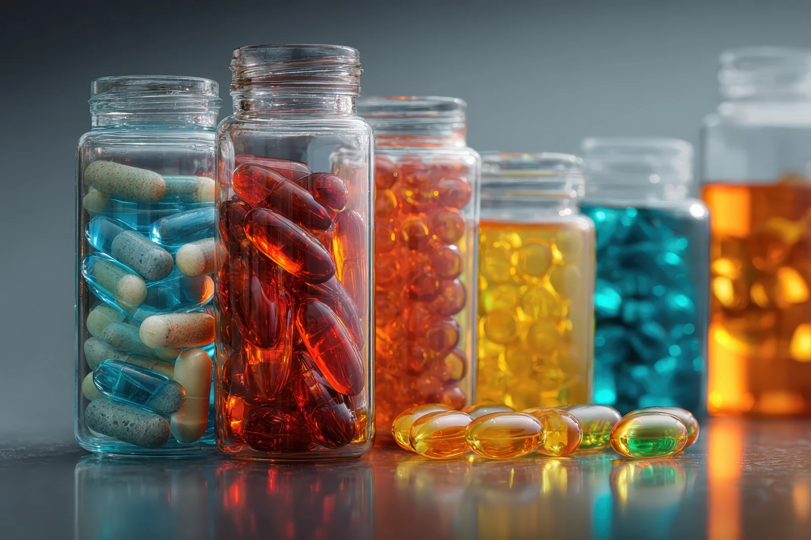 Assorted supplement formats in unbranded containers